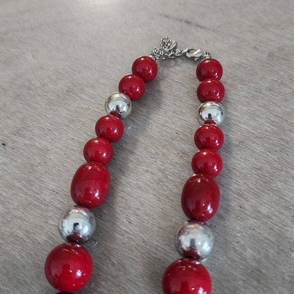 Radiant Red Beaded Statement Necklace with Silver Accents and Large Pendant - Picture 7 of 8